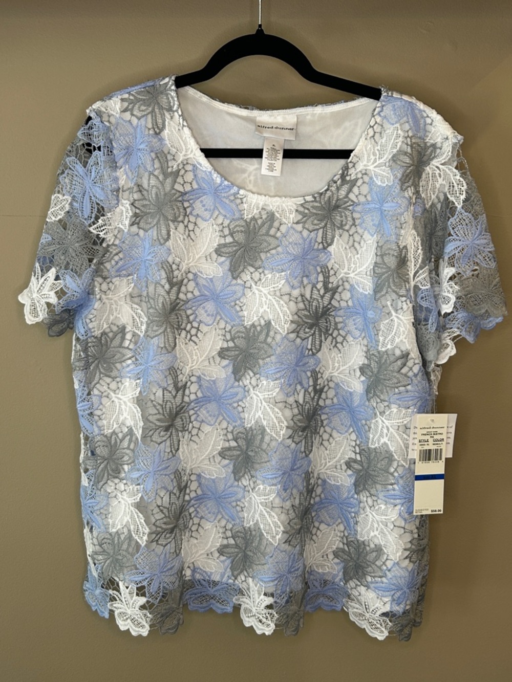 Alfred Dunner Blue, Gray & White Floral Lace Short Sleeve Blouse